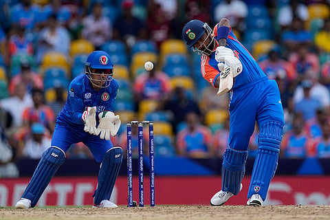 Hardik Pandya plays a shot against Afghanistan